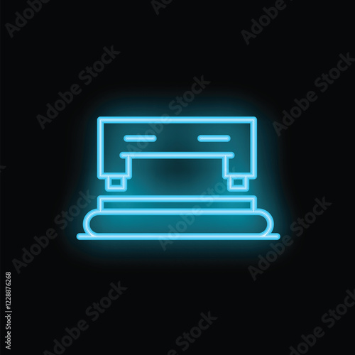 Glowing blue neon sign of a hole punch on black background, perfect for any office supply business