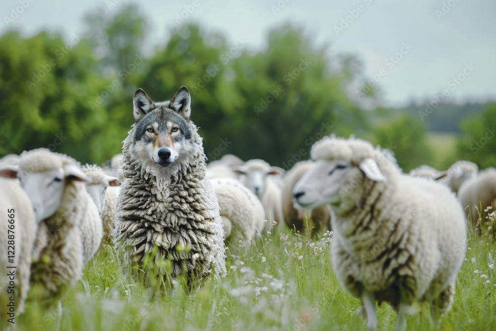 Depiction of a wolf in sheep's clothing, example of a figure of speech, metaphor, visualisation for an enemy disguised as a friend, AI generated, AI generated, AI generated