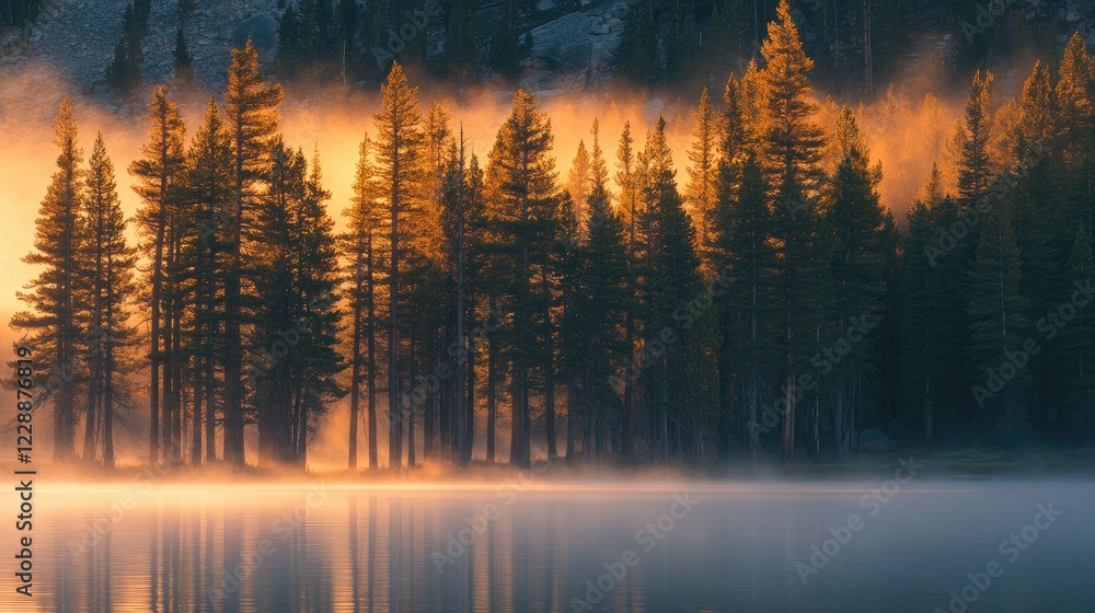 A serene lake surrounded by tall trees, with a soft fog rising from the water's surface at sunrise. Ethereal and tranquil.