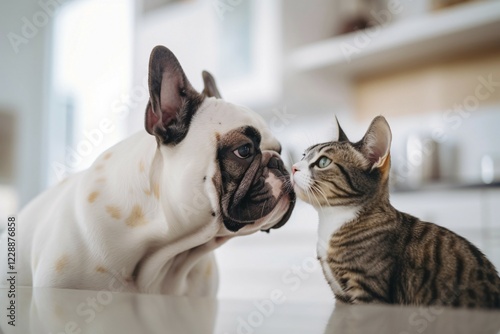 French Bulldog dog and cat. AI generated photo