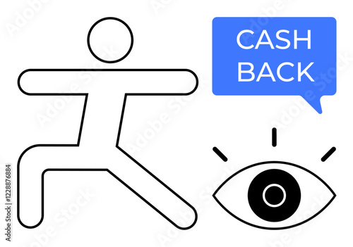 Black line art of a person in a stretching pose, an eye with radiating lines, and a blue speech bubble with CASH BACK. Ideal for financial rewards, observation, mindfulness, vision, stretching