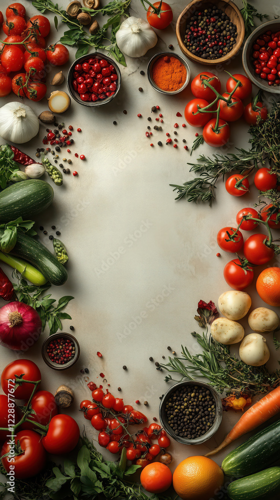 Photography of spice, herbs and ingredients, creating an empty space in the center for text or design elements. Photography of spice, herbs and ingredients, creating an empty space in the center for text or design elements.