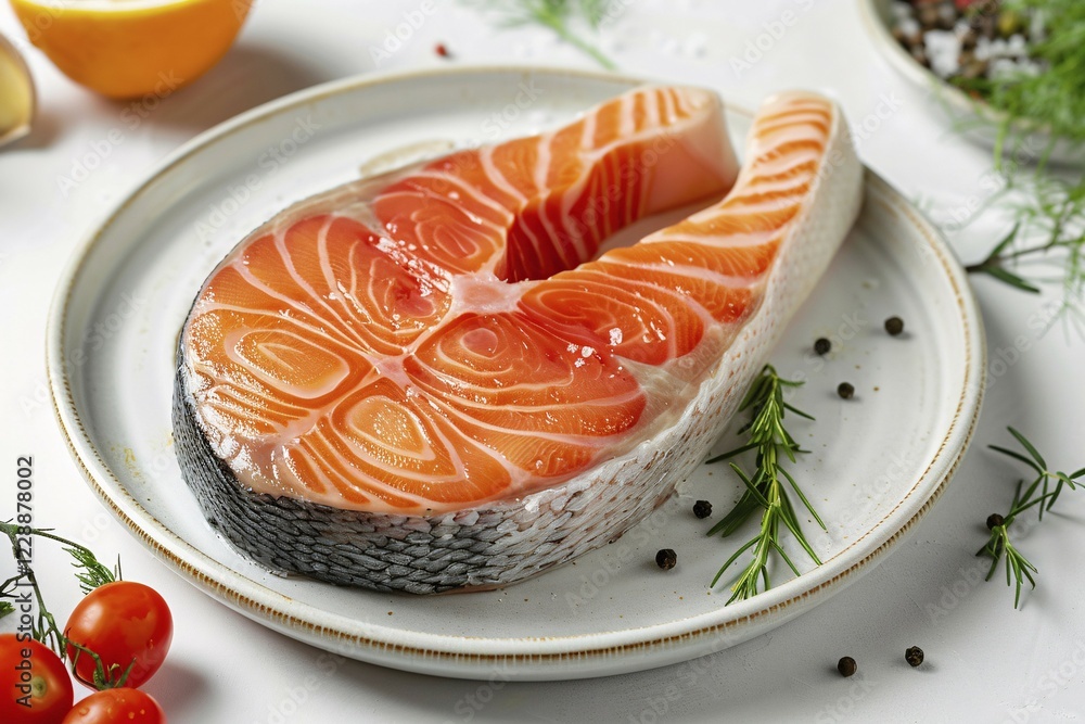 Raw salmon fish steak on plate. Generative ai, AI generated Raw salmon fish steak on plate. Generative ai, AI generated
