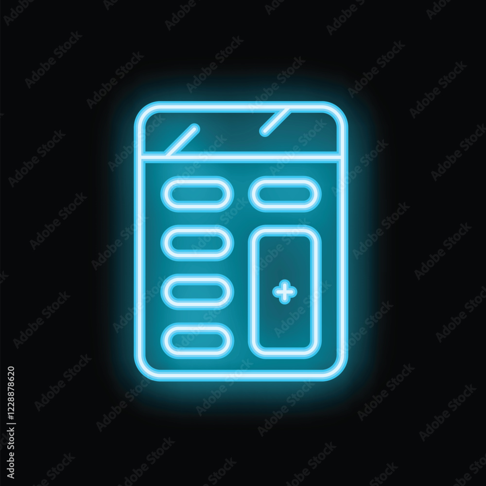 Bright blue neon calculator icon glowing on a black background, perfect for concepts such as finance, accounting, and technology Bright blue neon calculator icon glowing on a black background, perfect for concepts such as finance, accounting, and technology