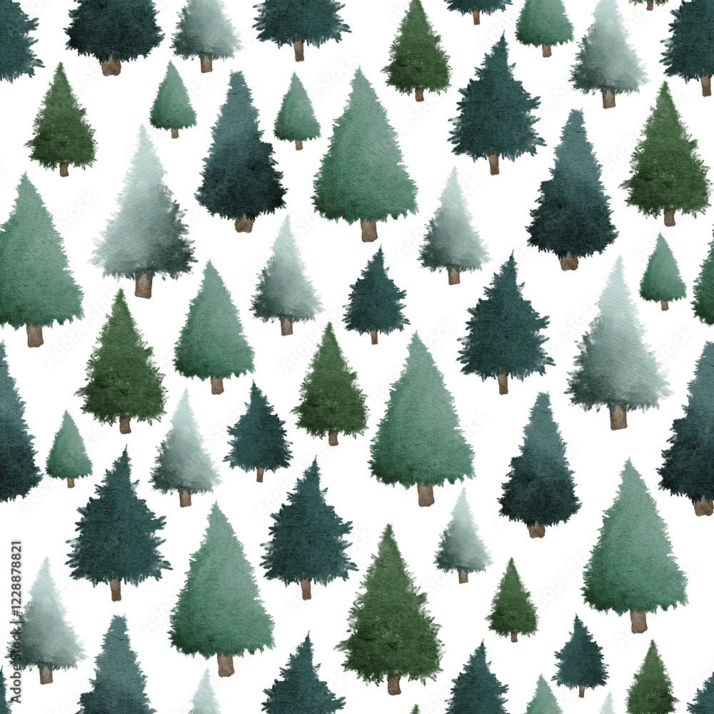 Obraz premium Green Christmas trees watercolour painting seamless pattern design illustration on white background