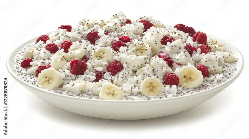 A smoothie bowl topped with chia seeds, sliced bananas, berries, and coconut flakes, placed on a clean white background. A smoothie bowl topped with chia seeds, sliced bananas, berries, and coconut flakes, placed on a clean white background.
