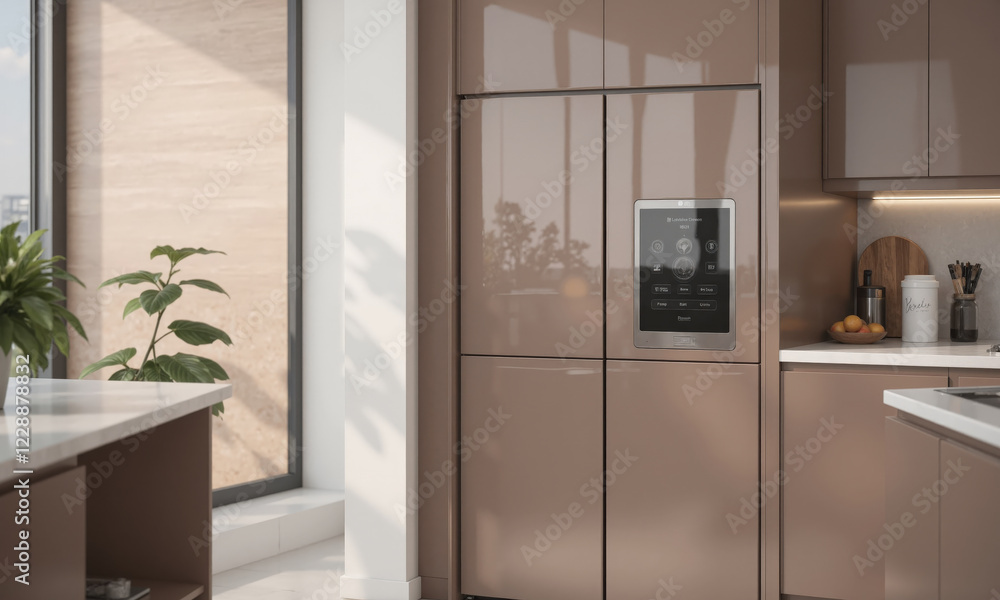 Fototapeta premium Mocha mousse-colored smart refrigerator with digital touchscreen - A smart refrigerator in mocha mousse, with a large digital touchscreen for