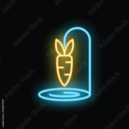 Neon icon of a carrot growing in a hydroponic farm, representing sustainable agriculture and innovation