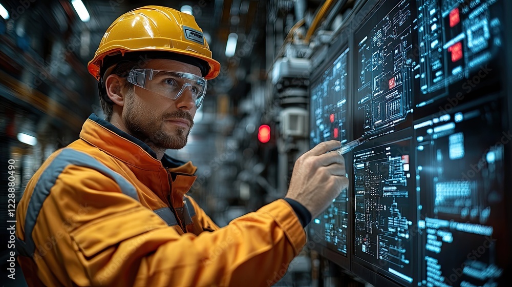 A worker in a hard hat and safety glasses is working in a industrial setting, and he is pointing at a screen with graphs and charts. A worker in a hard hat and safety glasses is working in a industrial setting, and he is pointing at a screen with graphs and charts.