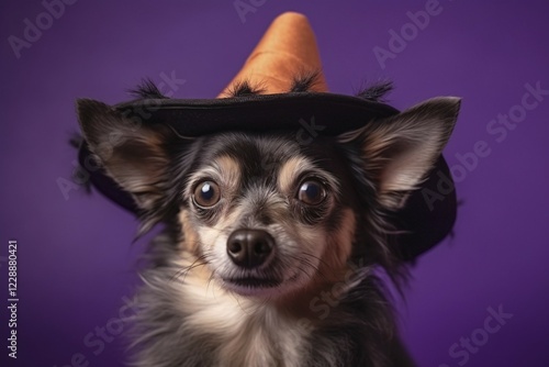 Dog with Halloween witch hat on purple background. KI generiert, generiert AI generated photo