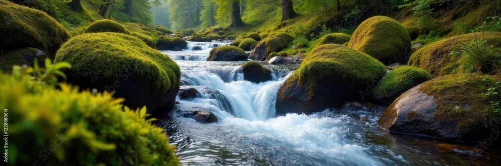 Stream winds its way through moss-covered rocks, Scotland, water, rocks Stream winds its way through moss-covered rocks, Scotland, water, rocks