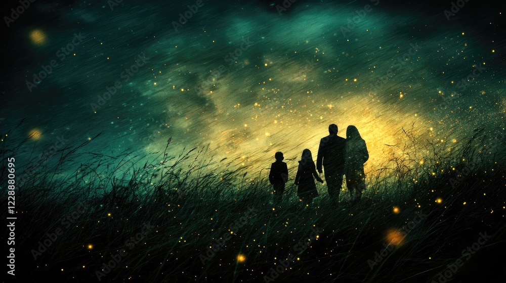 Fototapeta premium Family silhouette, night field, fireflies, hope, fantasy, family photo