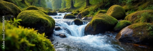 Stream winds its way through moss-covered rocks, Scotland, water, rocks