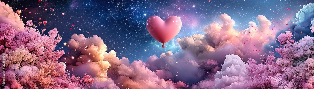Fototapeta premium Dreamy Surreal Valentine’s Scene with Heart Balloon Floating in a Colorful Cloudy Sky at Night