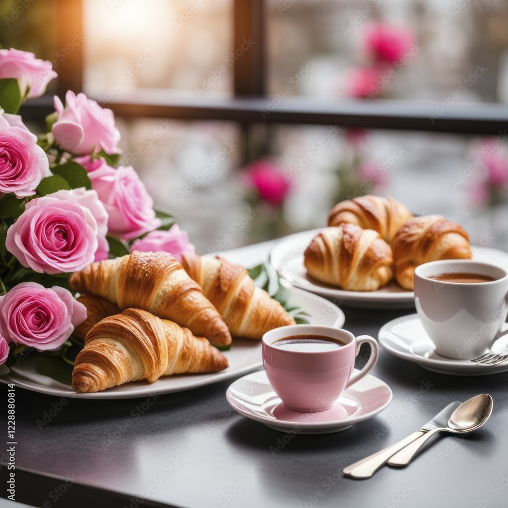 A morning scene with croissants, coffee, pink roses, and sunlight streaming through a window, AI generated A morning scene with croissants, coffee, pink roses, and sunlight streaming through a window, AI generated