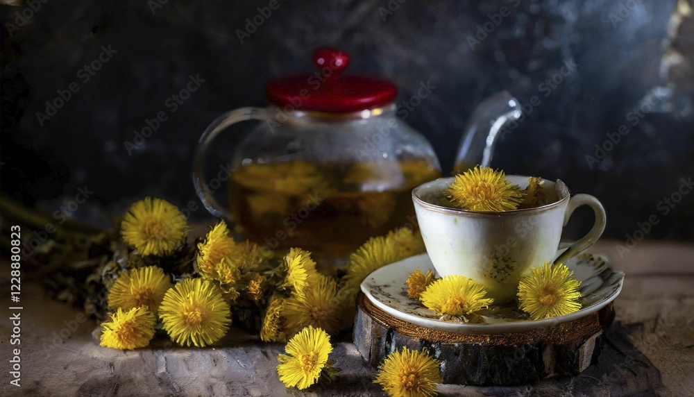 Cosy composition with coltsfoot tea and coltsfoot flowers on a wooden table, medicinal plant coltsfoot, Tussilago farfara, KI generated, AI generated Cosy composition with coltsfoot tea and coltsfoot flowers on a wooden table, medicinal plant coltsfoot, Tussilago farfara, KI generated, AI generated