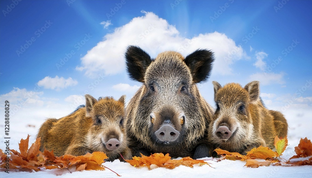 A wild boar and two young boars in winter, AI generated, studio, AI generated A wild boar and two young boars in winter, AI generated, studio, AI generated