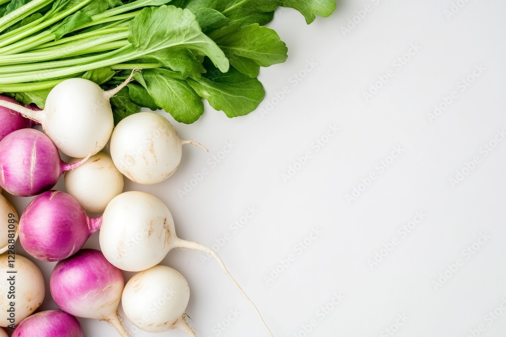 Fresh Assorted Turnips on White Background Showcasing Vibrant Roots and Green Leaves Fresh Assorted Turnips on White Background Showcasing Vibrant Roots and Green Leaves