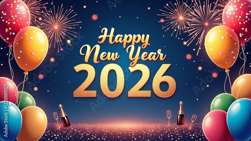 New Year 2026 Celebration with Festive Balloons and Fireworks