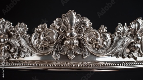 Silver Crown Detail: Intricate, ornate silverwork gleams with timeless elegance. Delicate swirls and floral motifs crafted with meticulous attention to detail, suggesting a history of grandeur. photo