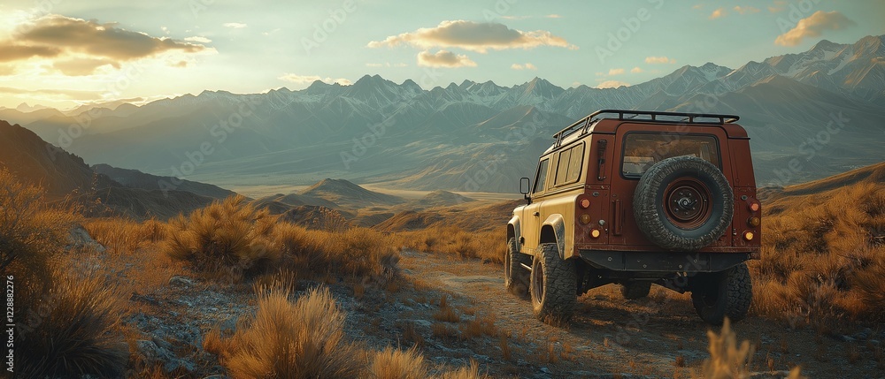 Fototapeta premium SUV parked on a rugged terrain with mountains in the background under a golden sunset, AI generated