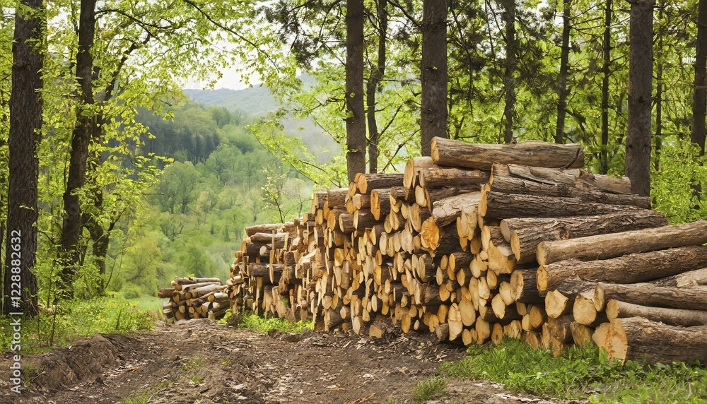 Forestry, timber industry, tree trunks stacked in the forest, pile, AI generated, AI generated Forestry, timber industry, tree trunks stacked in the forest, pile, AI generated, AI generated