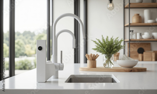 An AI-powered smart faucet in the kitchen that tracks water usage, adjusts pressure, and provides real-time alerts about water conservation. The faucet can photo