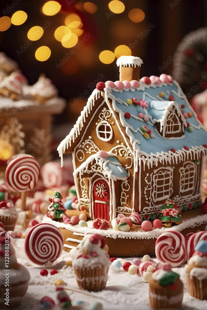 Gingerbread house decorations, focusing on the intricate icing details, colorful candy, and soft, warm light creating a cozy festive ambiance, AI generated Gingerbread house decorations, focusing on the intricate icing details, colorful candy, and soft, warm light creating a cozy festive ambiance, AI generated