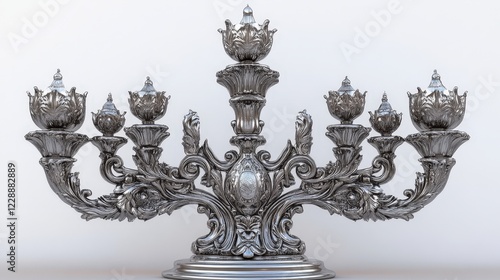 Elegant Silver Menorah: A traditional menorah with intricate silver filigree and ornate details stands ready to light up the festival of Hanukkah, embodying the spirit of hope and celebration.  photo