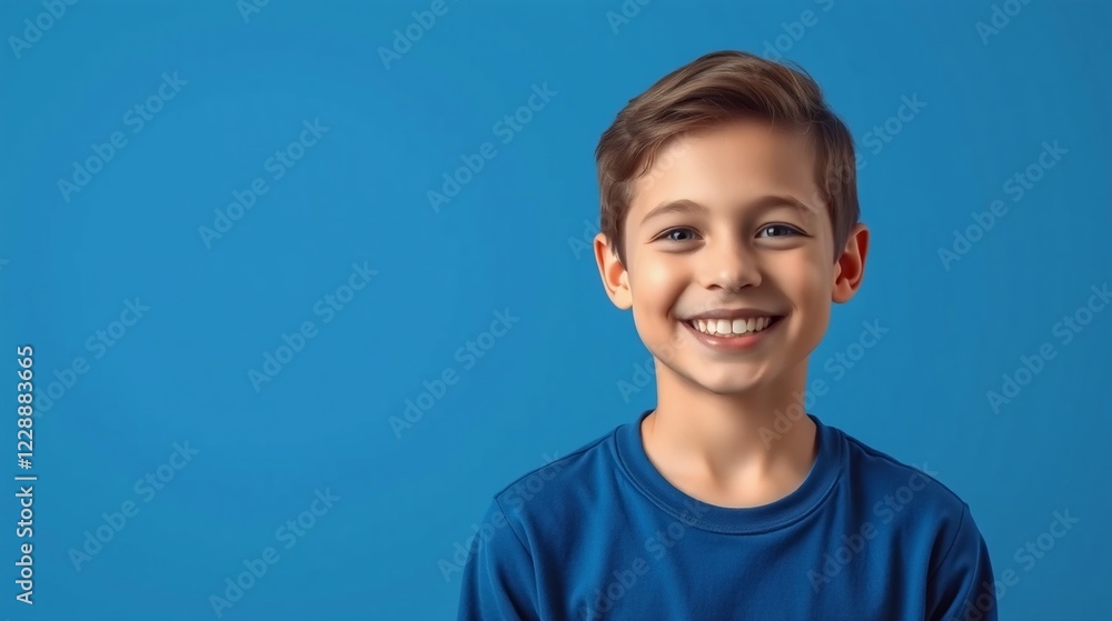 Cheerful Young Boy with Short Brown Hair Smiling Against a Bright Blue Background Cheerful Young Boy with Short Brown Hair Smiling Against a Bright Blue Background