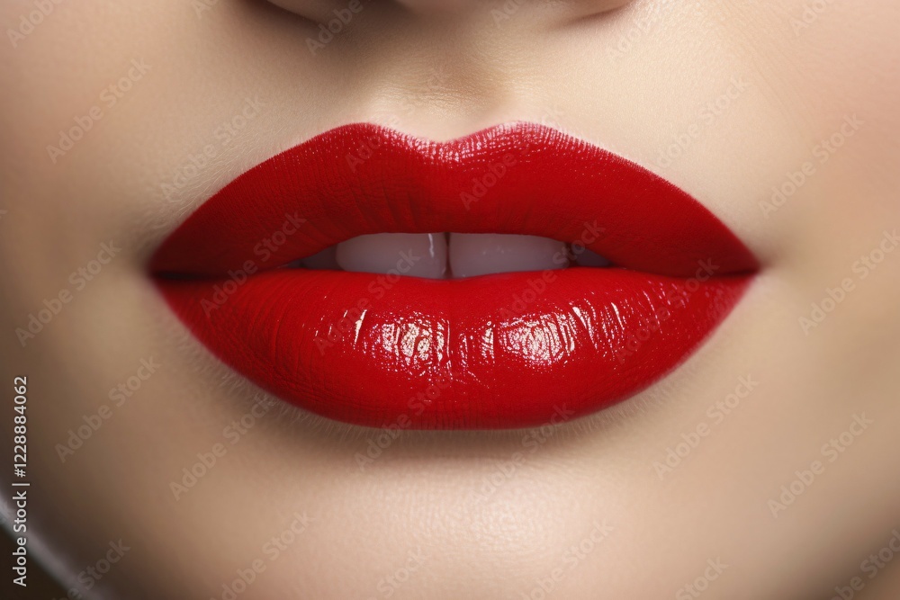 Fototapeta premium Close up of woman's mouth with bright red lipstick. KI generiert, generiert AI generated