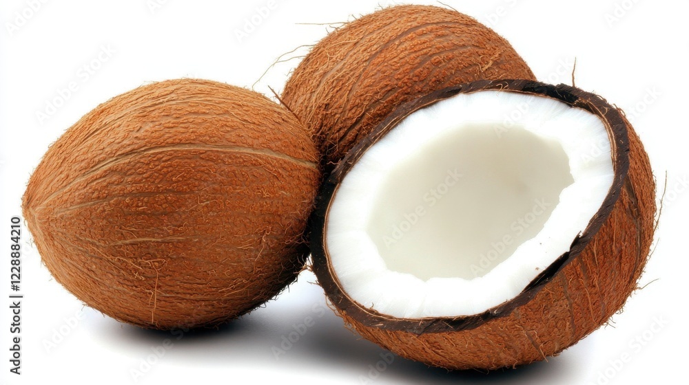 Sliced open coconut showcasing its fresh interior, set against a white backdrop for clean and fresh branding. Sliced open coconut showcasing its fresh interior, set against a white backdrop for clean and fresh branding.
