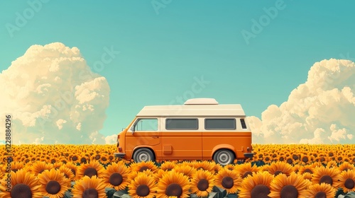 Vintage camper van in a sunflower field symbolizing summer adventure, freedom, and road trip travel