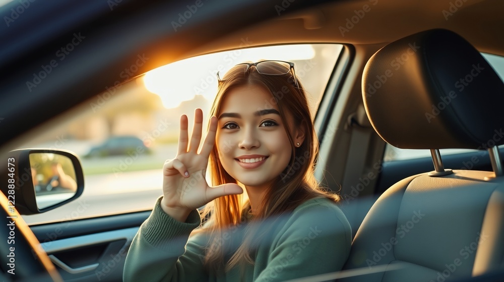 Naklejka premium Cheerful Young Woman Giving a Peace Sign While Sitting in a Car at Sunset