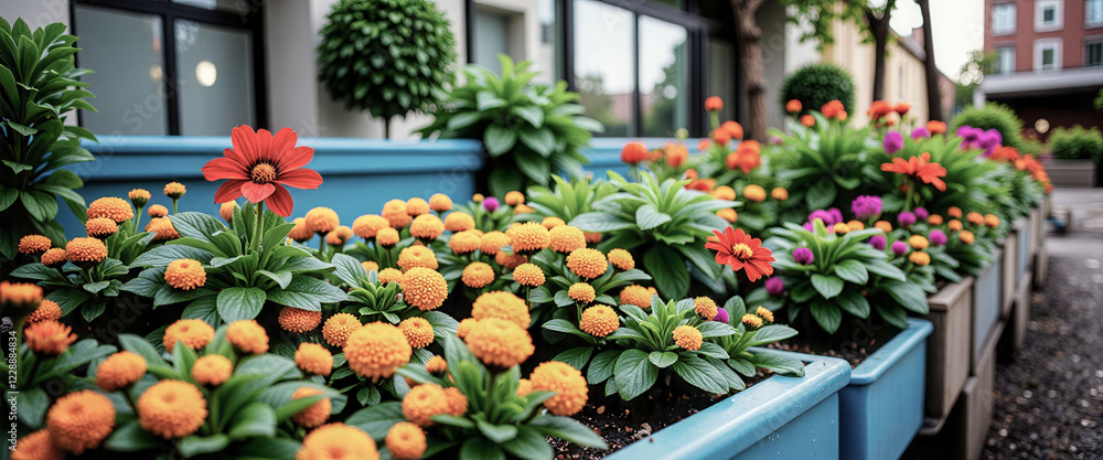 Obraz premium A row of potted plants with orange flowers and green leaves. The flowers are in various colors, including red, orange, and purple. The plants are arranged in a neat row