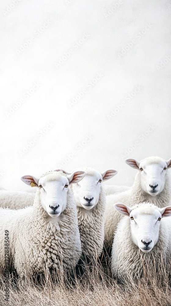 Fototapeta premium Five white sheep standing in a field of dry grass.