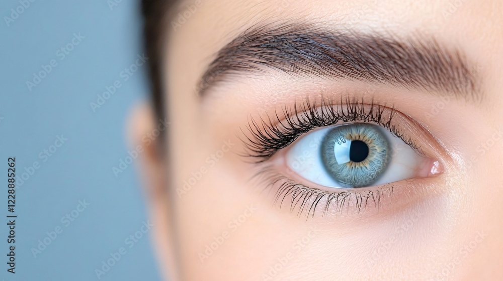 Obraz premium A close-up of a woman's eye featuring a striking blue iris, long eyelashes, and well-groomed brows against a soft, blurred background.
