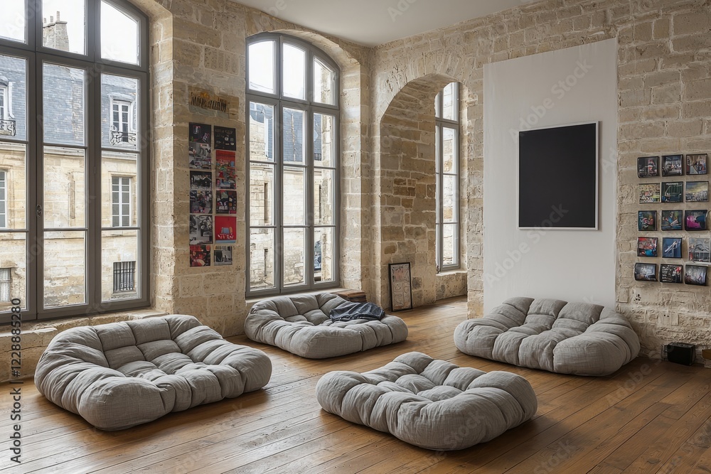 Fototapeta premium Modern Living Room With Comfortable Tufted Couches And Large Windows