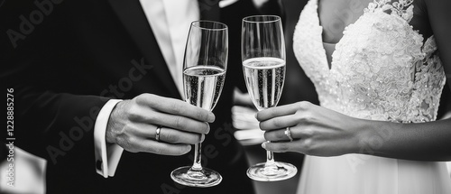 A couple toasts with champagne glasses, celebrating a special moment, likely a wedding or anniversary, captured in a romantic black and white setting.