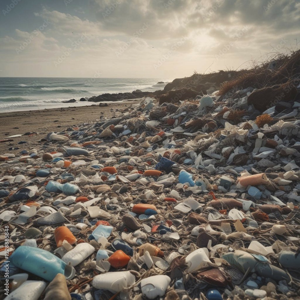 A polluted beach full of plastic waste with waves in the background and sunset, AI generated, AI generated A polluted beach full of plastic waste with waves in the background and sunset, AI generated, AI generated