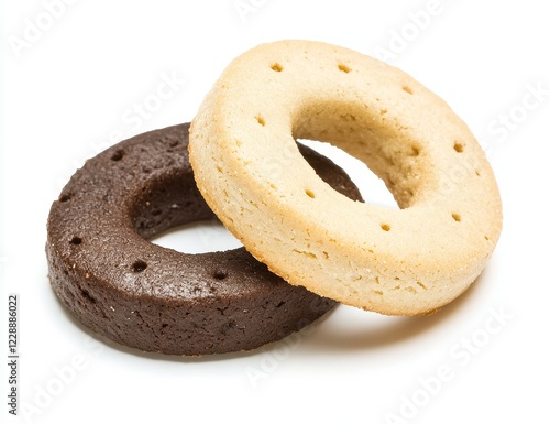 Two ring-shaped cookies, one chocolate and one light brown, on a white background. photo