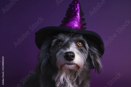 Portrait of dog with witch hat on purple background. KI generiert, generiert AI generated photo