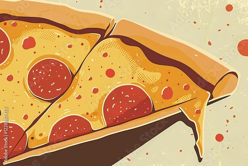 Illustration of a cheesy pepperoni pizza slice with dripping cheese, street food, AI generated photo