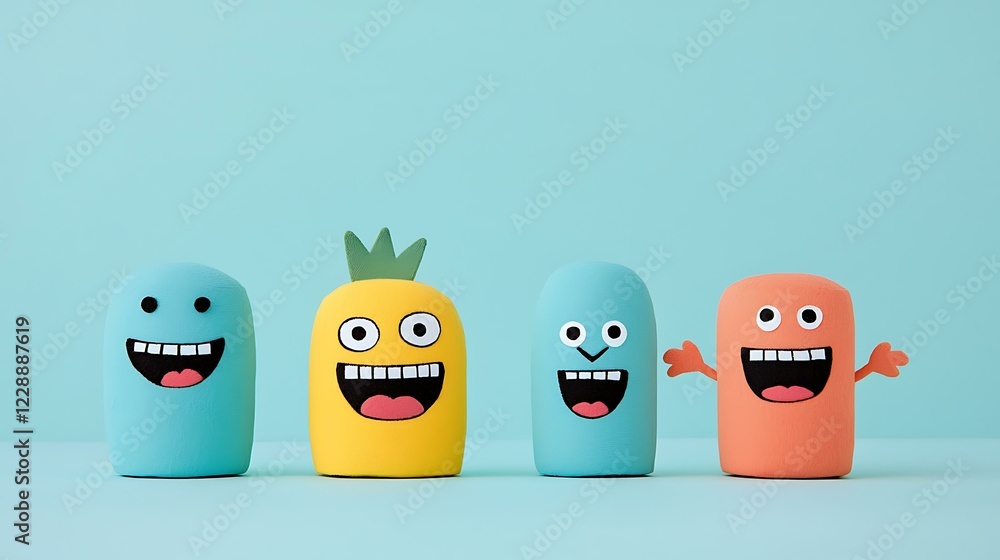 Fototapeta premium Colorful cartoon characters with cheerful faces on a bright blue background for playful designs