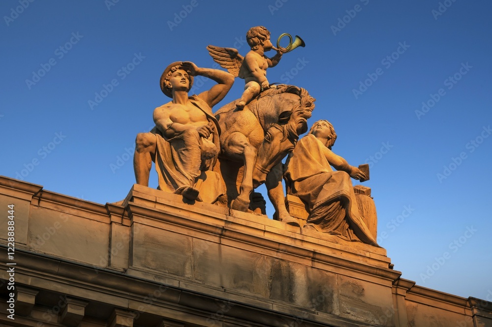 Naklejka premium Ornate figures, post office, 1887, Görlitz, Upper Lusatia, Saxony, Germany, Europe