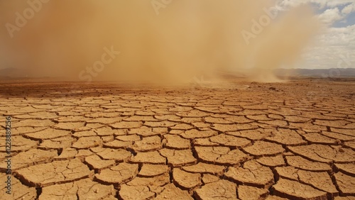 Dramatic Desert Dust Storm, Cracked Earth and Swirling Sand