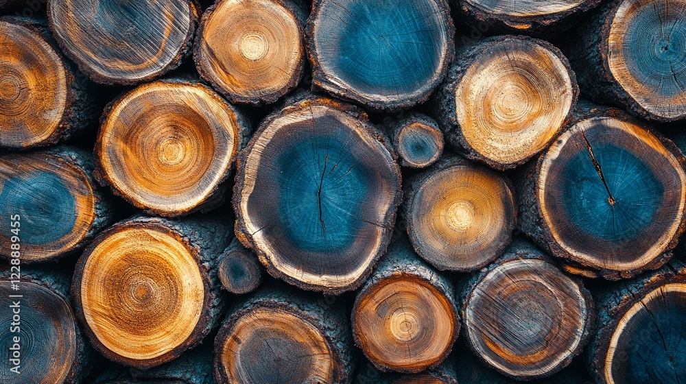 Stacked wood slices, rustic texture, wall decor, background Stacked wood slices, rustic texture, wall decor, background