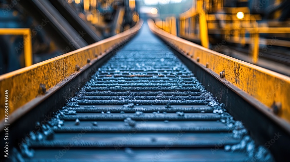 Steel conveyor belts running through a mining site, transporting raw materials Steel conveyor belts running through a mining site, transporting raw materials
