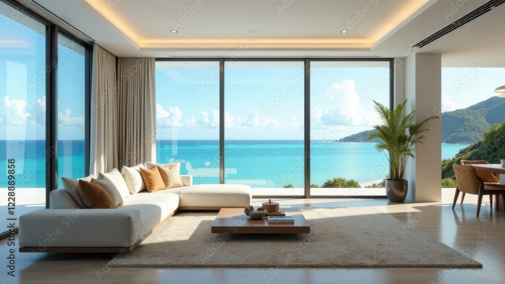 Serene Coastal Living Room with Panoramic Ocean View and Luxurious Furnishings Serene Coastal Living Room with Panoramic Ocean View and Luxurious Furnishings