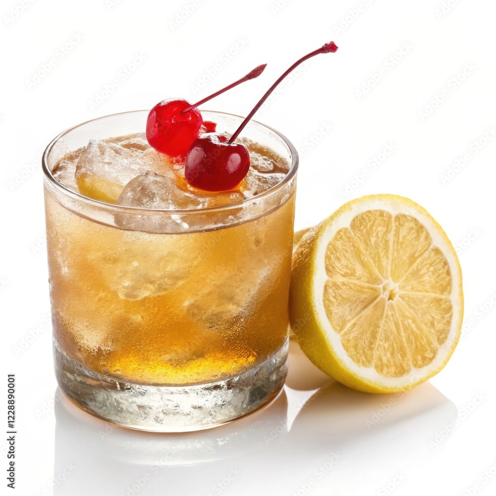 A refreshing cocktail with ice, garnished with cherries and a lemon slice, served in a glass. A refreshing cocktail with ice, garnished with cherries and a lemon slice, served in a glass.